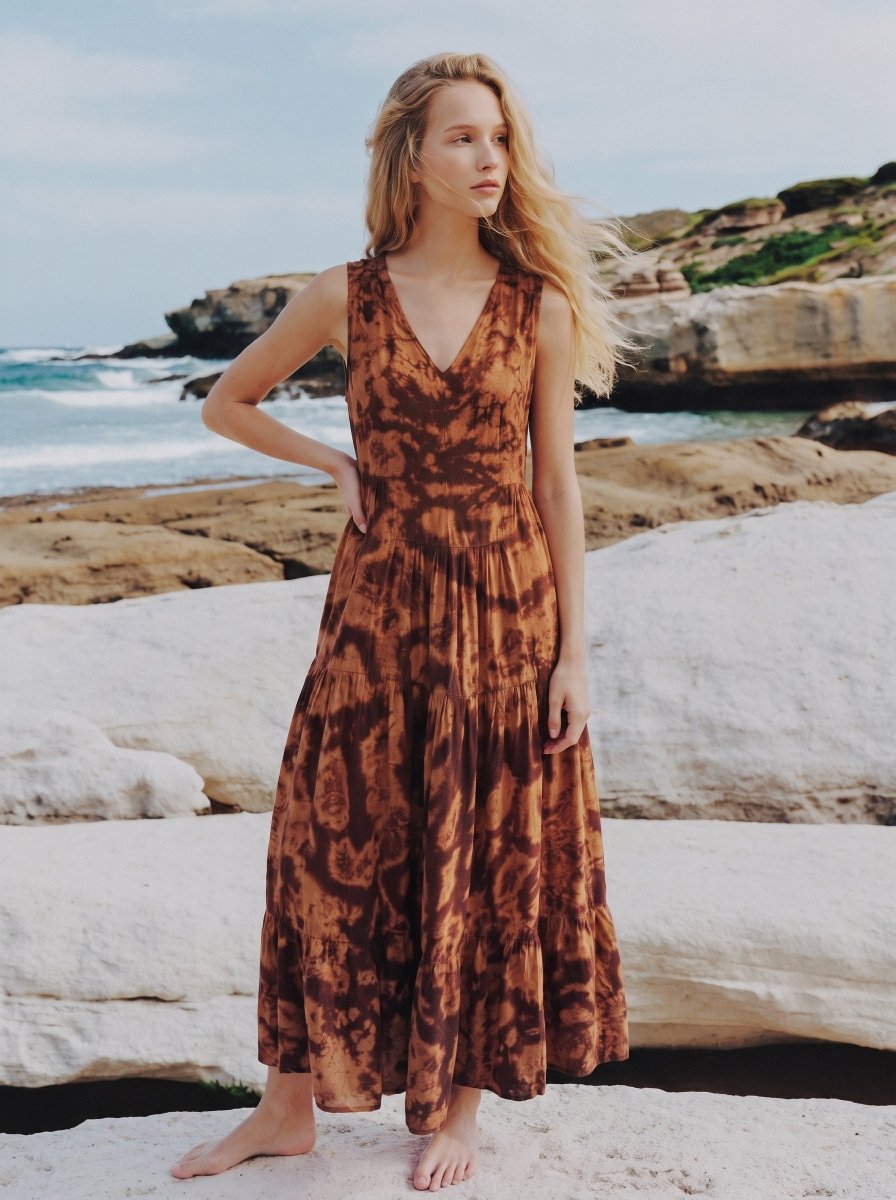 Leena Brown Marble — Hand Tie-Dye Maxi Dress