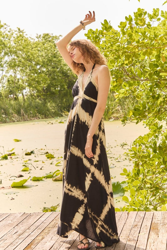 Criss - Cross Charcoal Tie Maxi Dress - byFon - Hand Tie Dye Ethical Clothes.