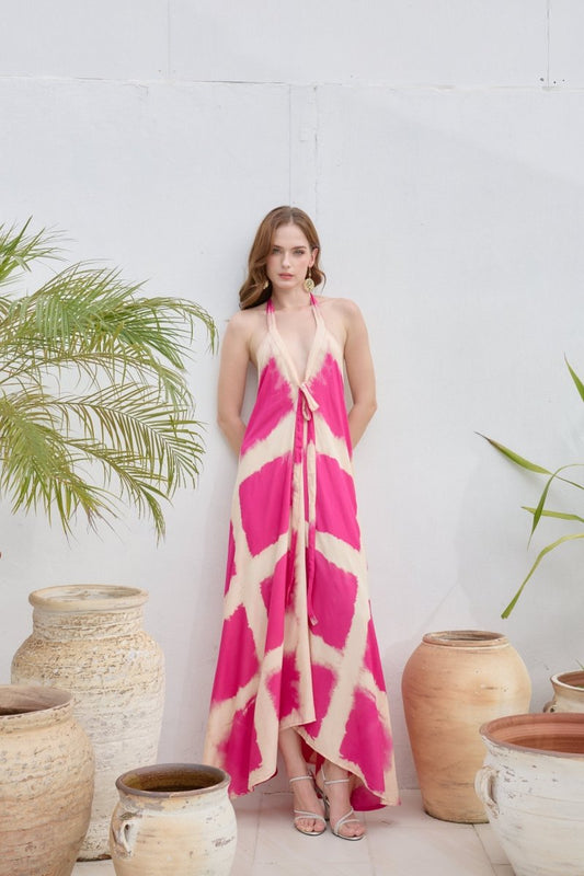 Criss - Cross Fuscia Tie Maxi Dress - byFon - Hand Tie Dye Ethical Clothes.
